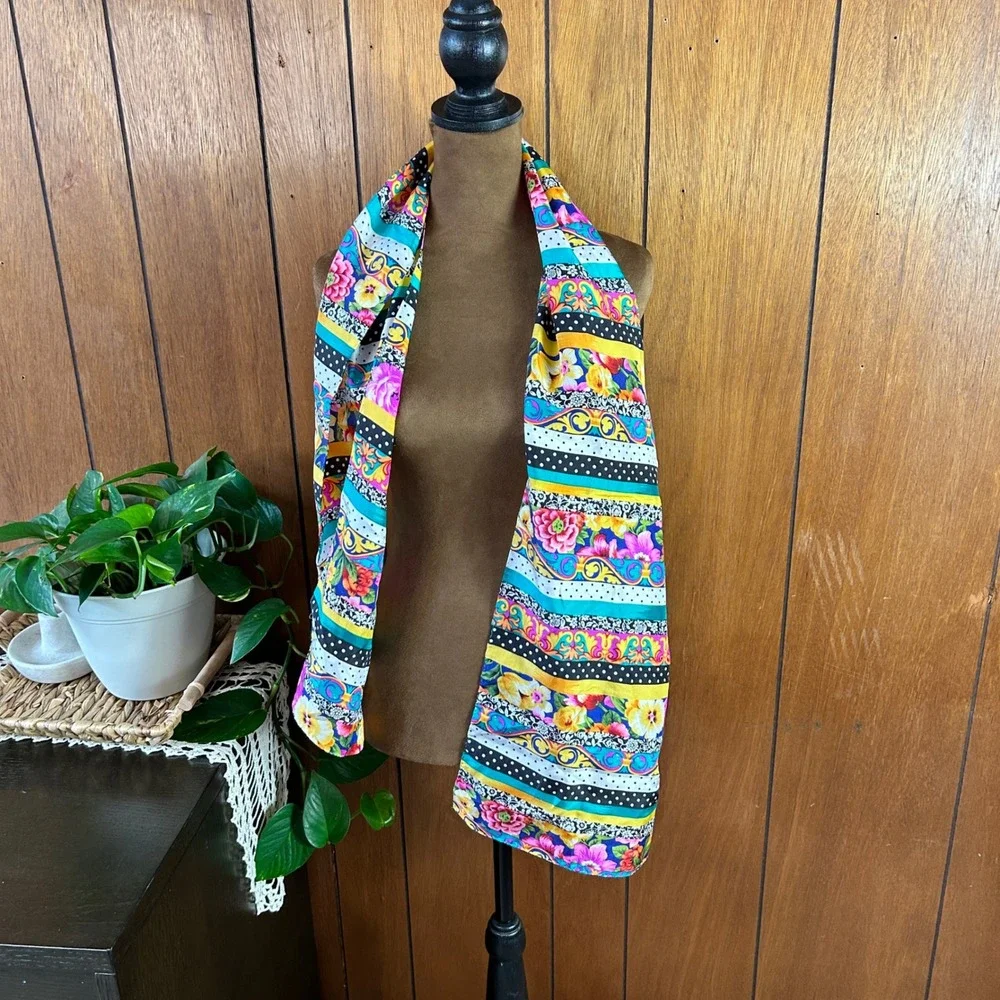 Vintage 100% Silk Floral Polka‎ Dot Baroque Multi Pattern Scarf Made in Korea